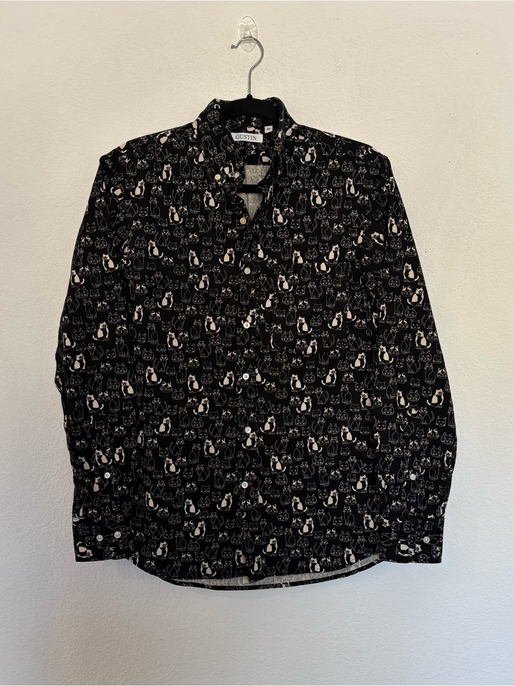Gustin Mens Button Down Cat Pattern Shirt Black